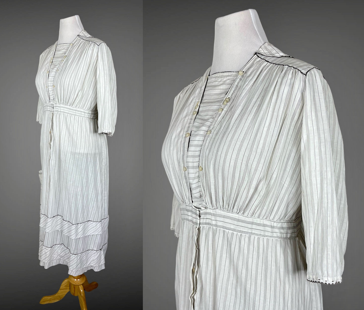 Antique 1910s Gray Striped Cotton Work Dress, Large