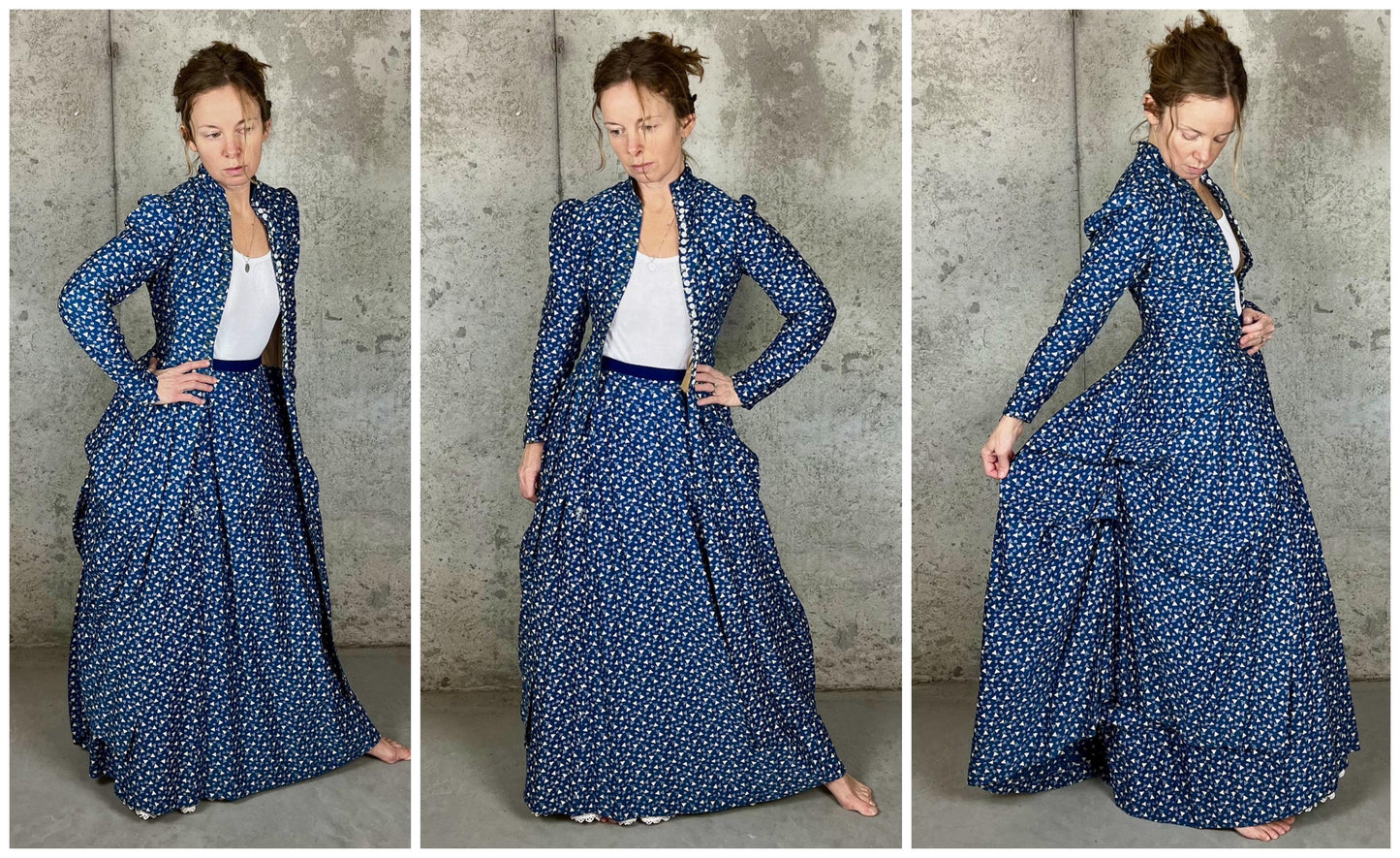 Rare Antique Victorian Polonaise Dress, 1870s–1880s Indigo Printed Cotton Two-Piece Ensemble, XXS