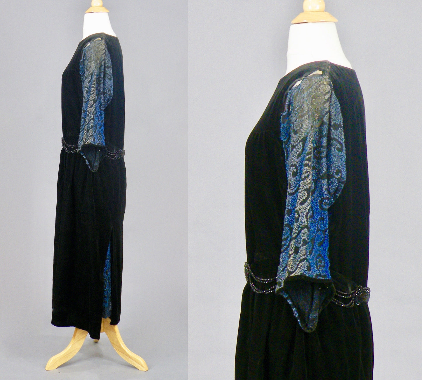 Antique Late 1910s–1920s Velvet Embroidered Flapper Dress with Sheer Sleeves, S–M