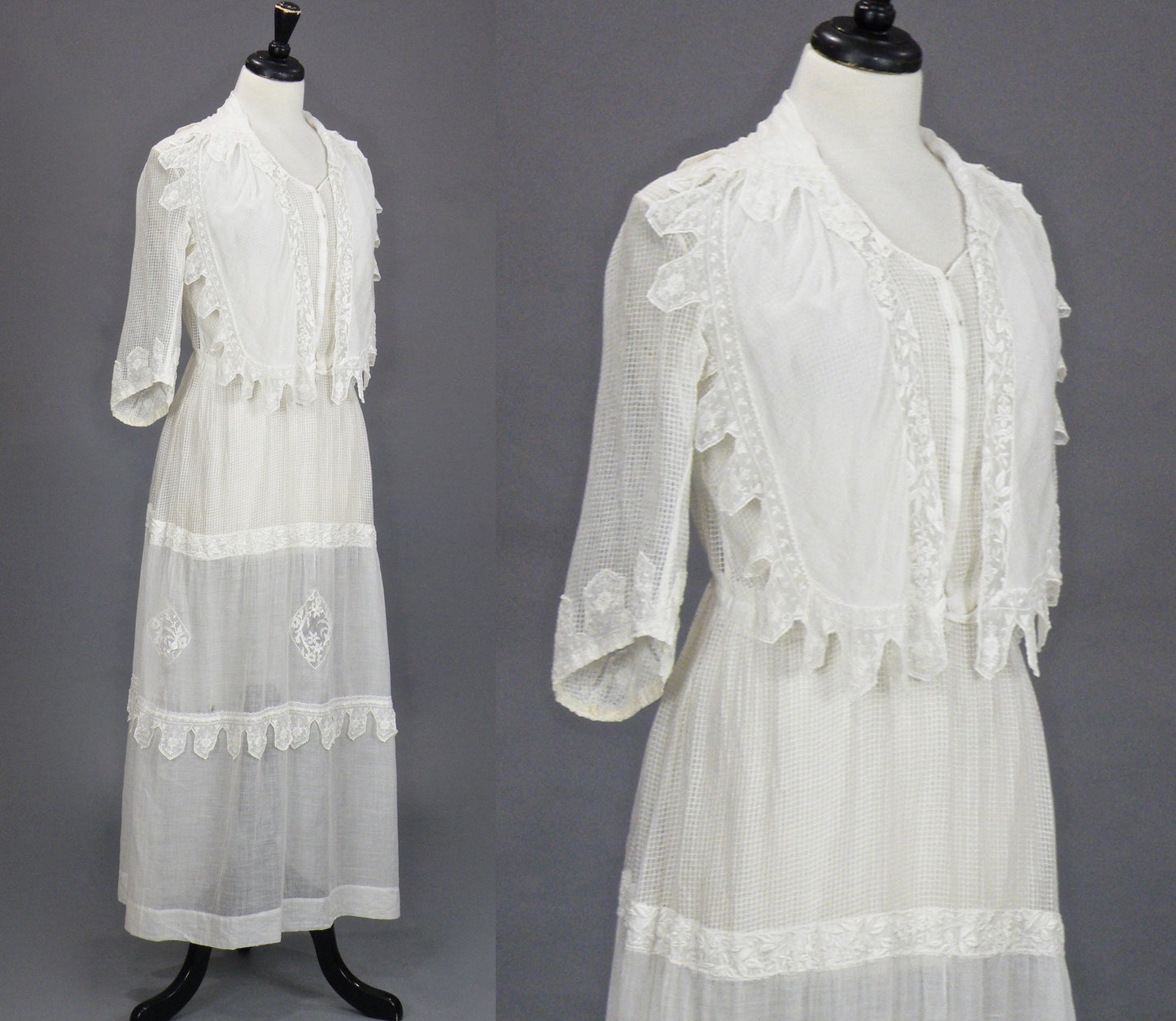 Antique Edwardian 1910s Sheer White Cotton Lingerie Dress with Embroidery, Medium 28" Waist