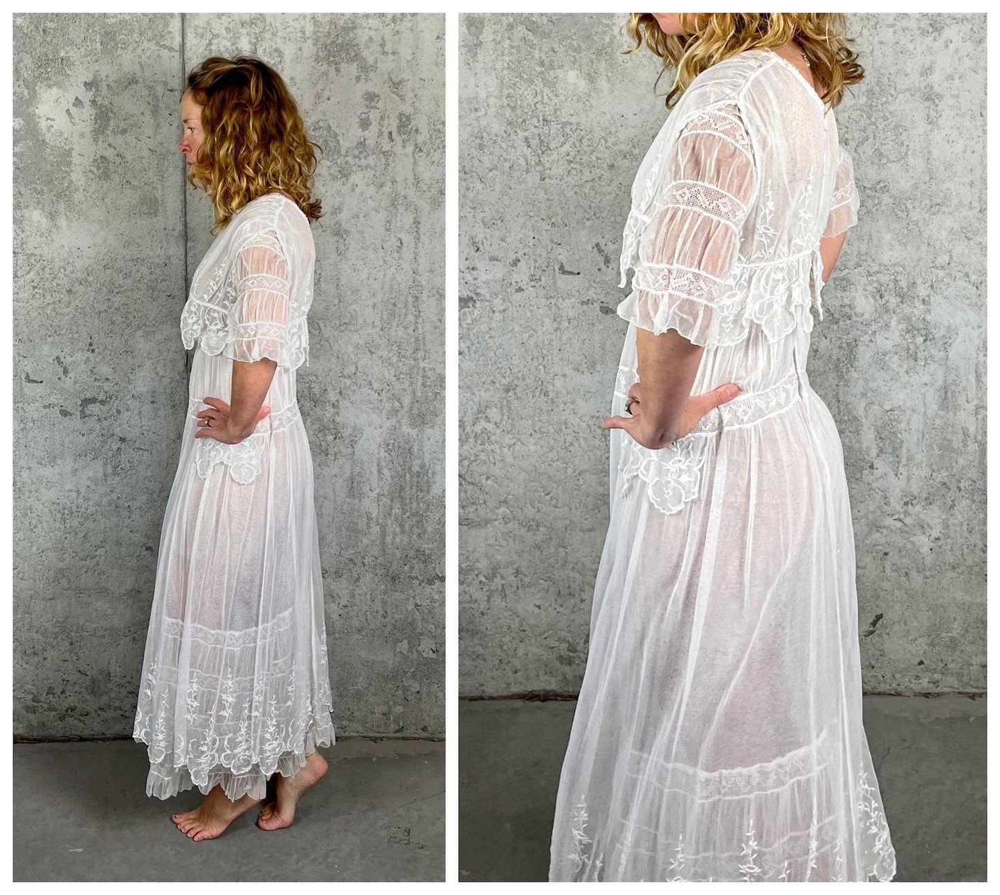 Antique Edwardian 1910s White Net Lace Embroidered Tea Gown, XS