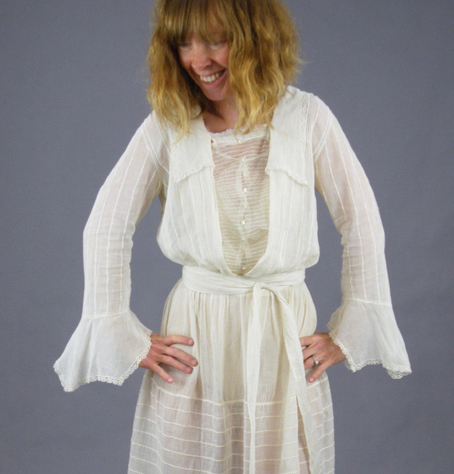 Antique 1900s Edwardian Sheer Cotton Net Day Dress with Bell Sleeves, XS