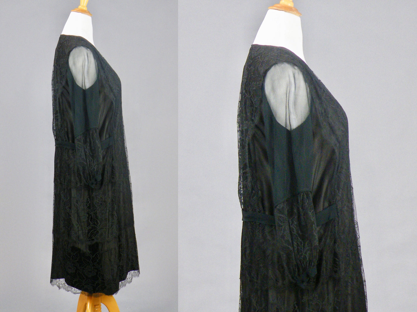 Vintage 1920s Black Silk Lace Dress, Jazz Age 20s Dress, Large