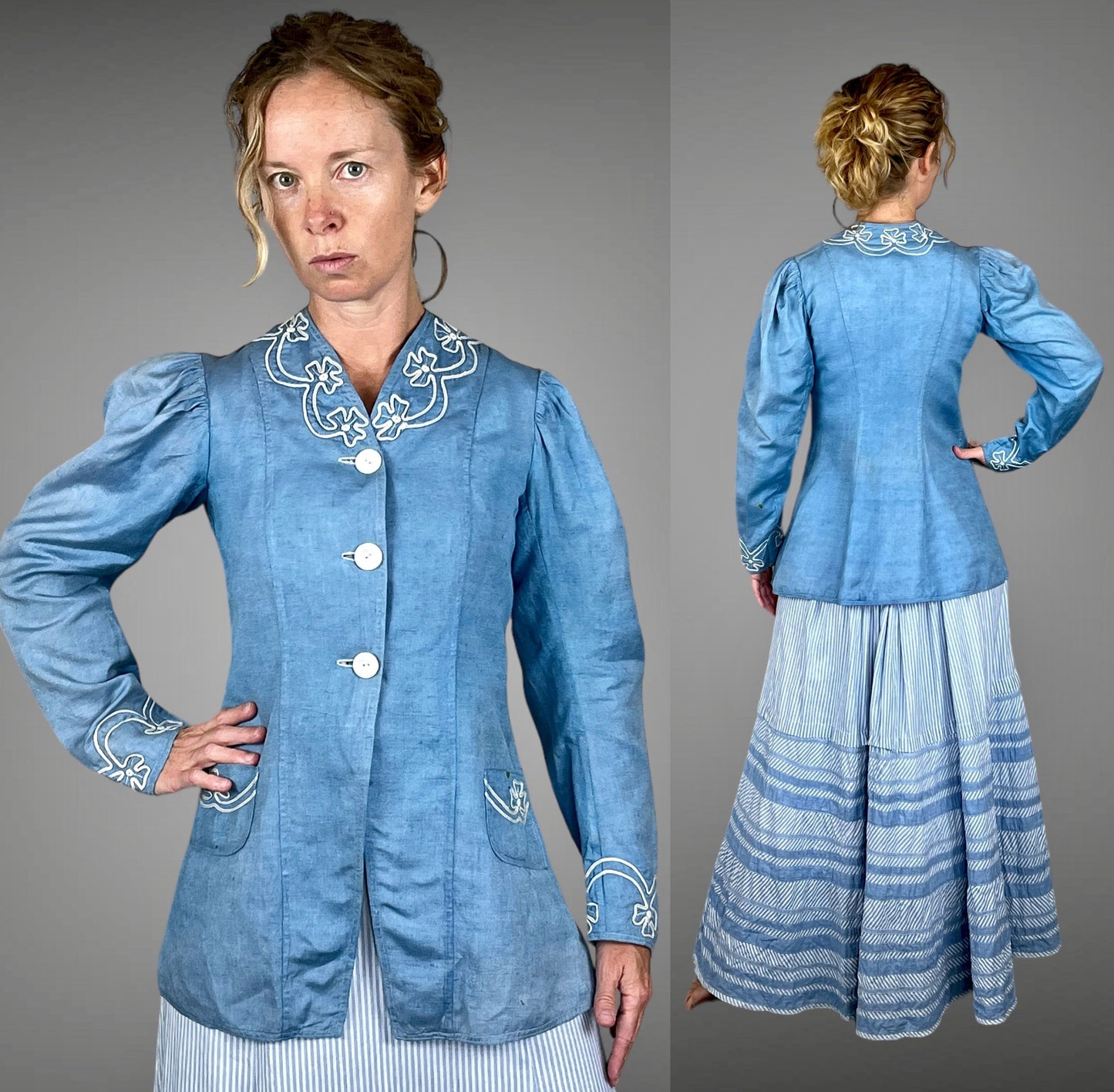 Antique c. 1900–1905 Edwardian Walking Suit, Blue Linen Jacket & Striped Cotton Skirt, XS/S