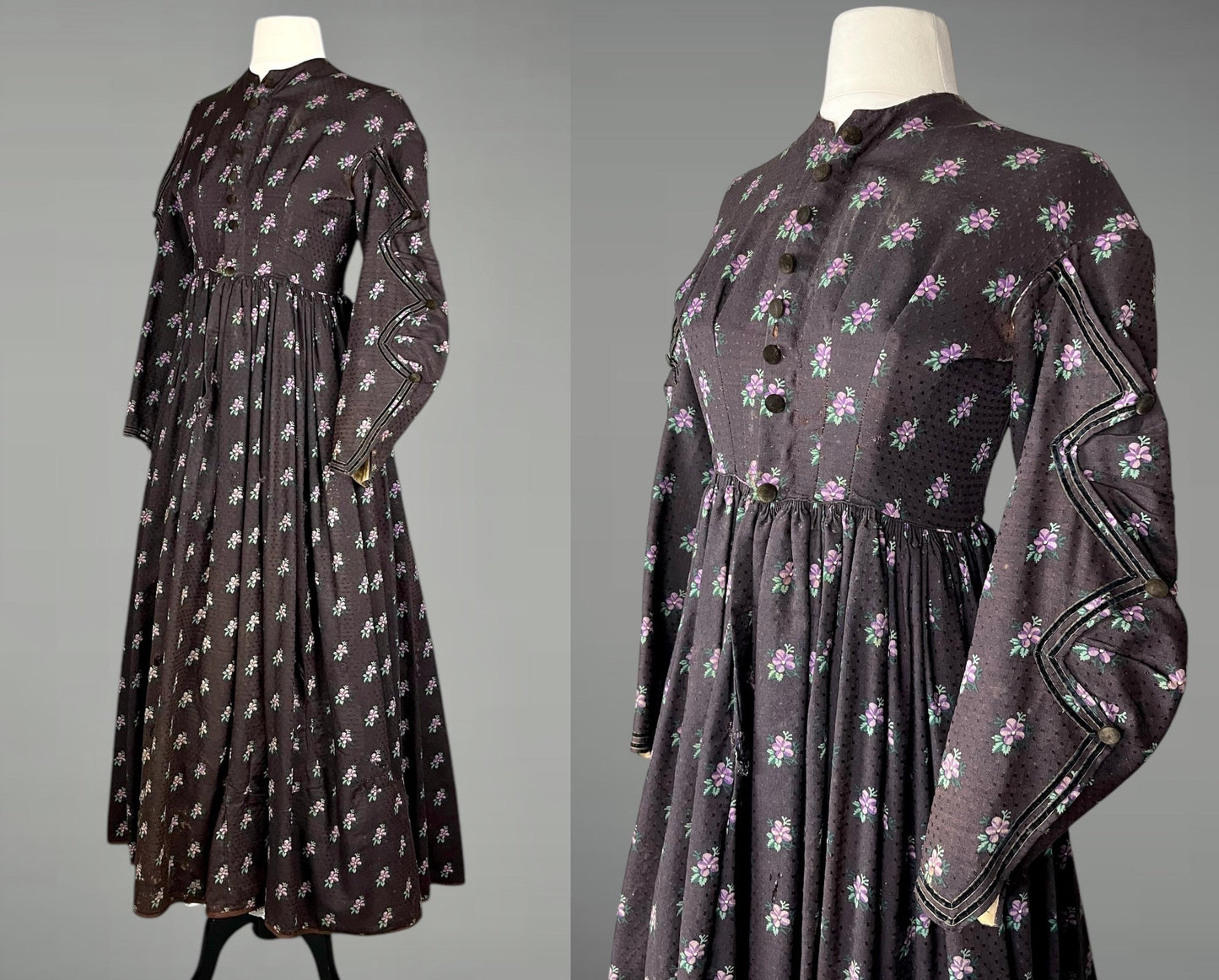 Antique 1850s Victorian Floral Printed Day Dress, 19th Century, XS/S