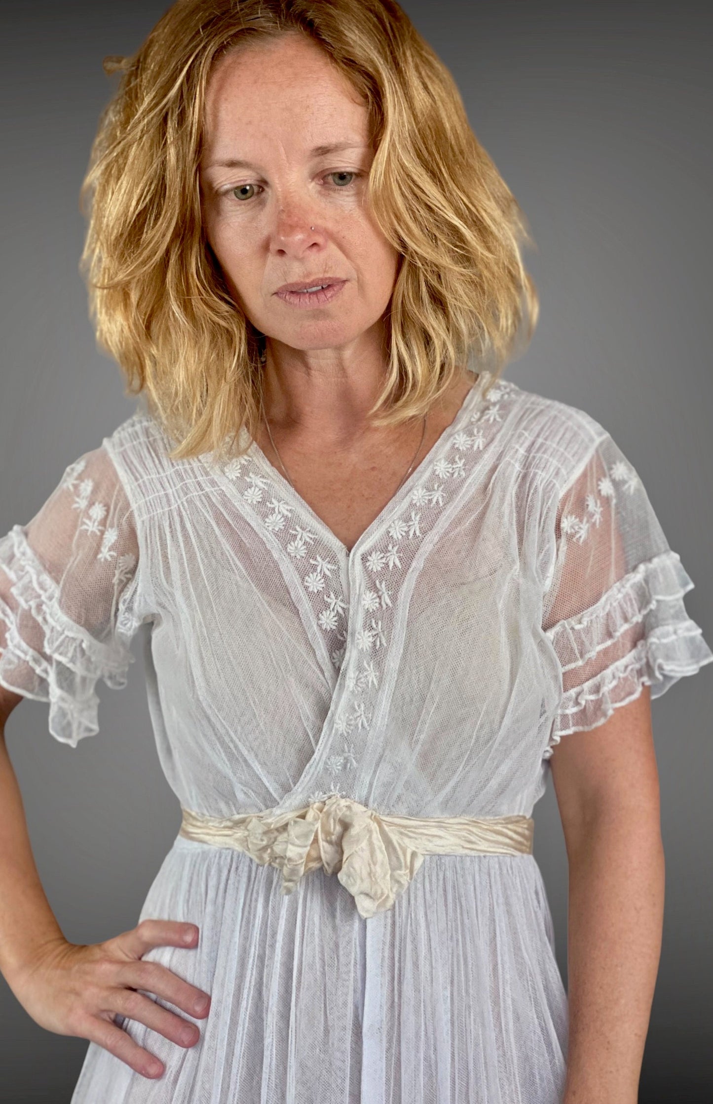 Antique 1910s White Embroidered Net Lace Edwardian Dress with Ruffle Sleeves, XS