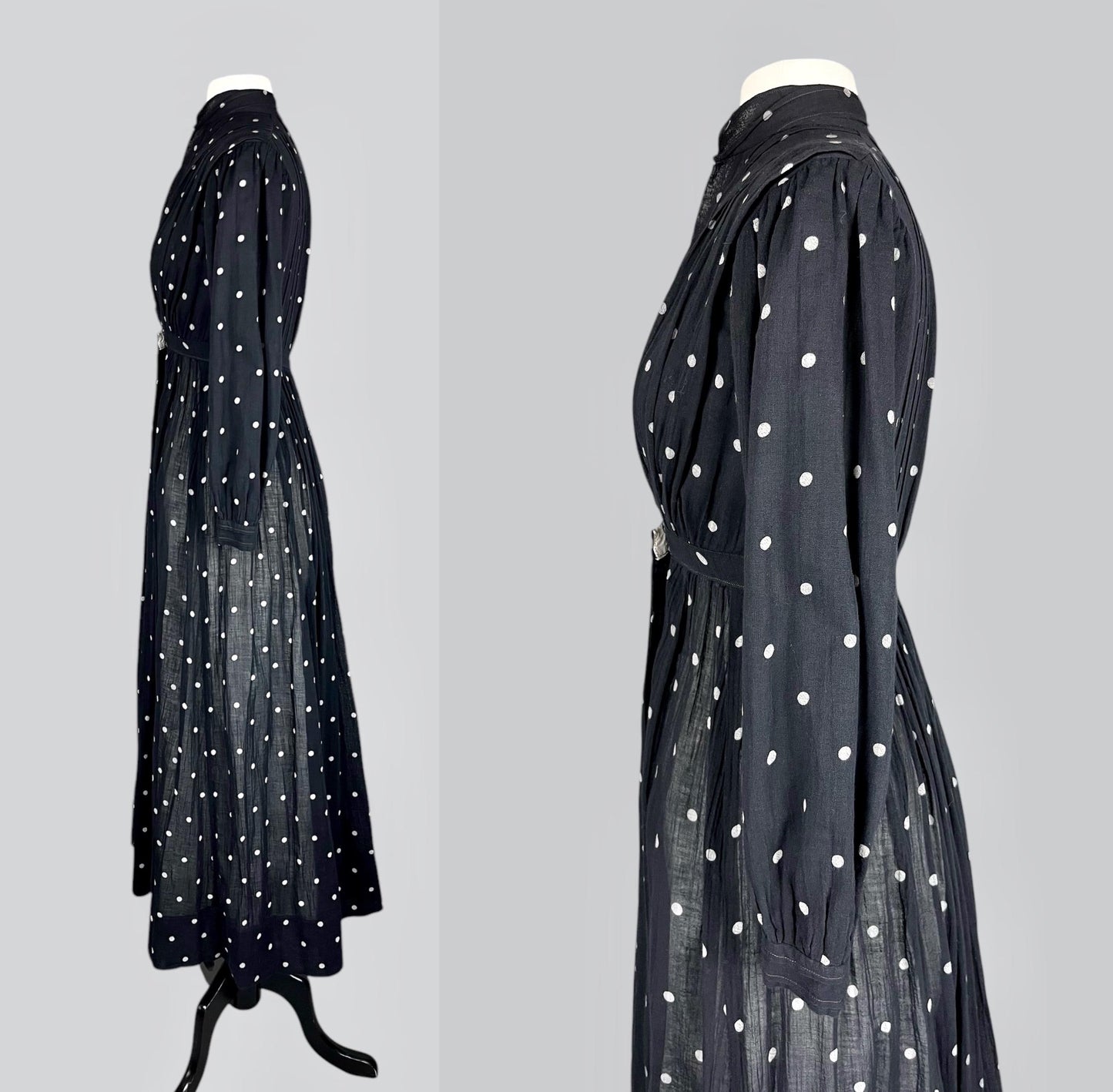 Antique Edwardian 1900s–1910s Black & White Polka Dot Cotton Gauze Dress, XS