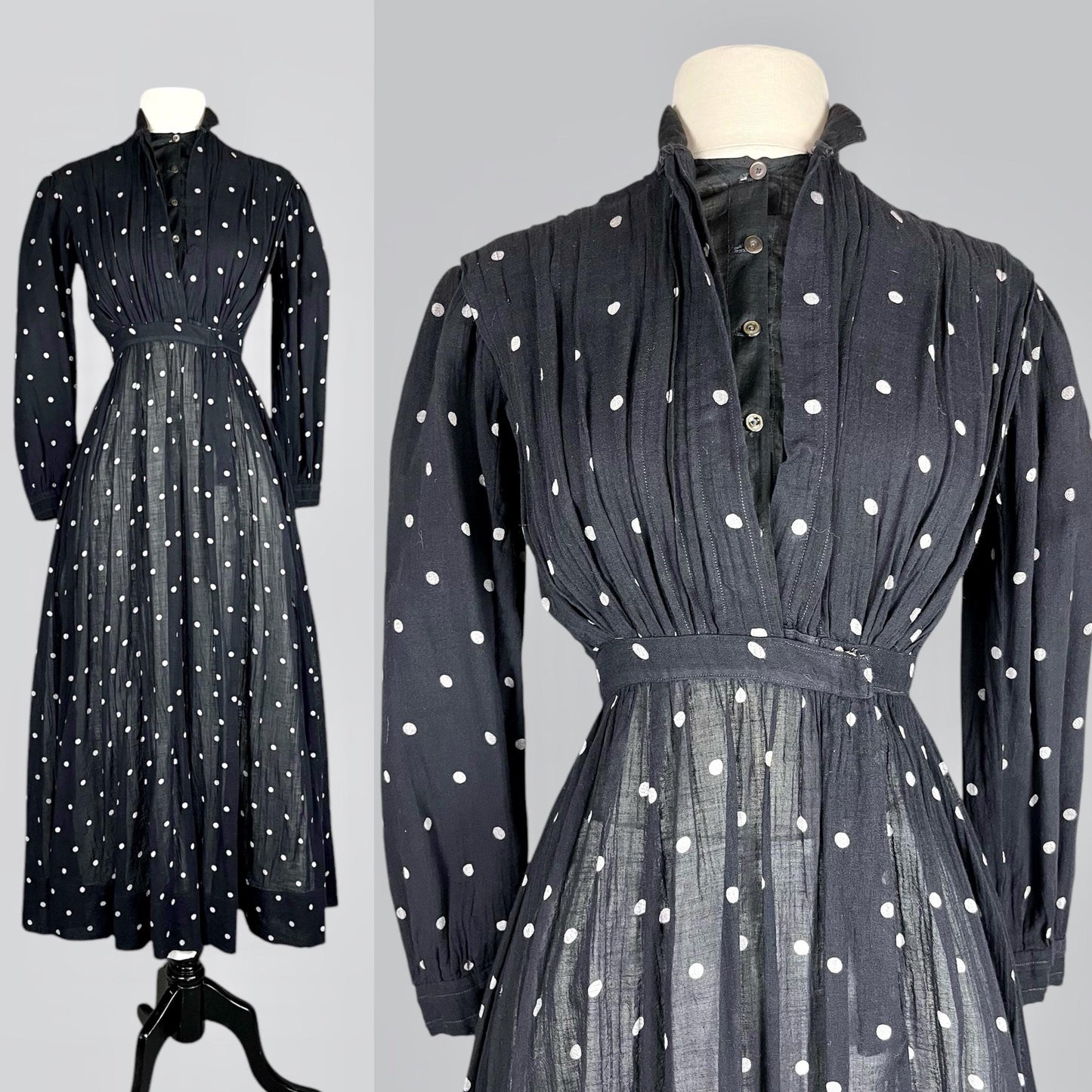 Antique Edwardian 1900s–1910s Black & White Polka Dot Cotton Gauze Dress, XS