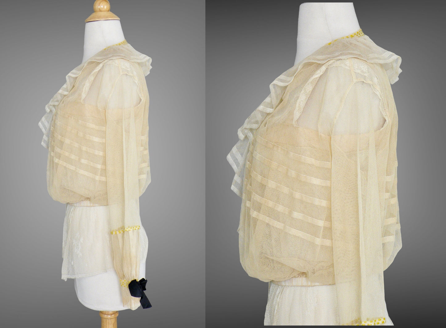 Antique 1900s Edwardian Net Lace Blouse with Yarn Embroidery & Lace Camisole, 36" Bust, S–M