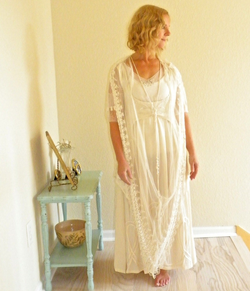 Antique Edwardian Wedding Dress, 1910s–1920s Beaded Silk & Lace Gown, Small