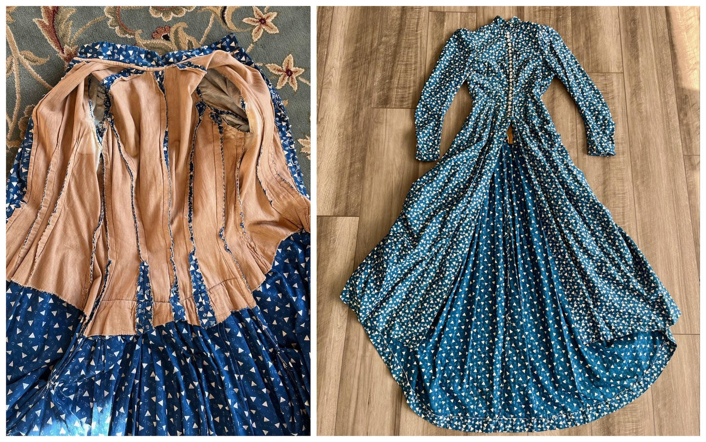 Rare Antique Victorian Polonaise Dress, 1870s–1880s Indigo Printed Cotton Two-Piece Ensemble, XXS