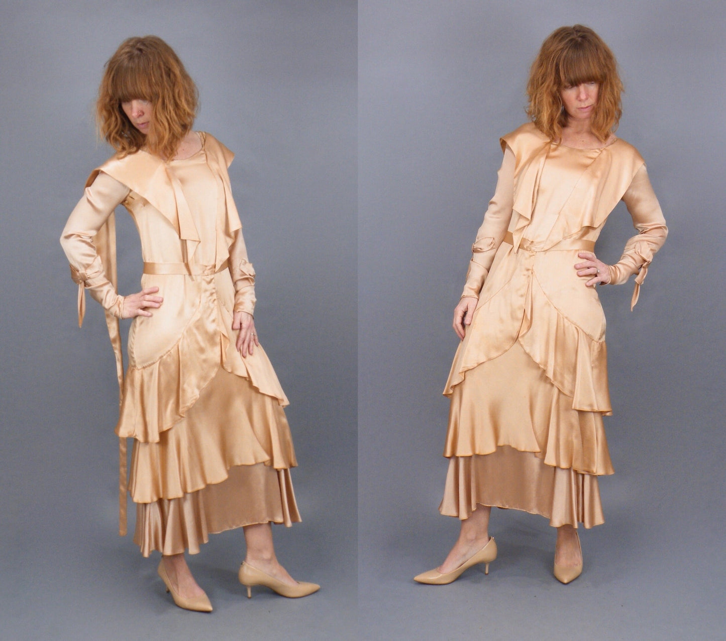 Vintage Late 1920s–Early 1930s Rose Gold Satin & Lace Tiered Evening Dress with Bow-Tie Sleeves, XS