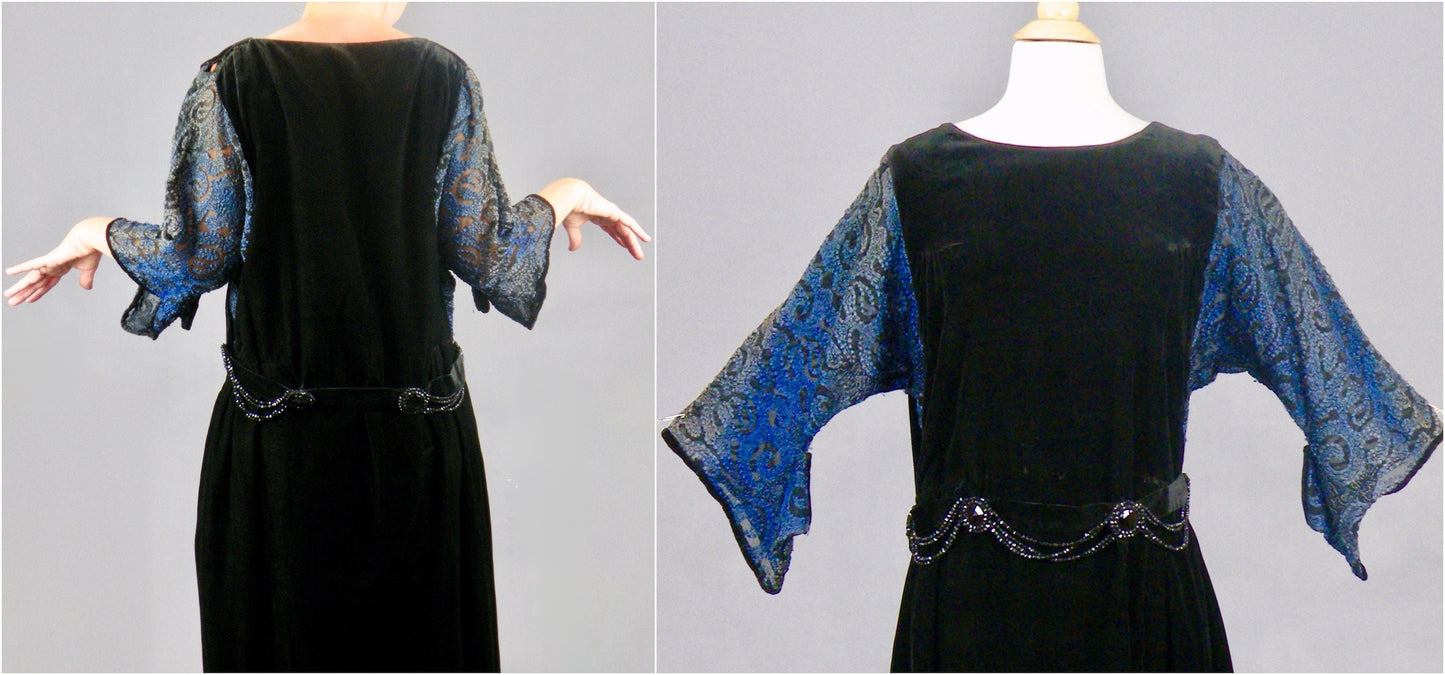 Antique Late 1910s–1920s Velvet Embroidered Flapper Dress with Sheer Sleeves, S–M