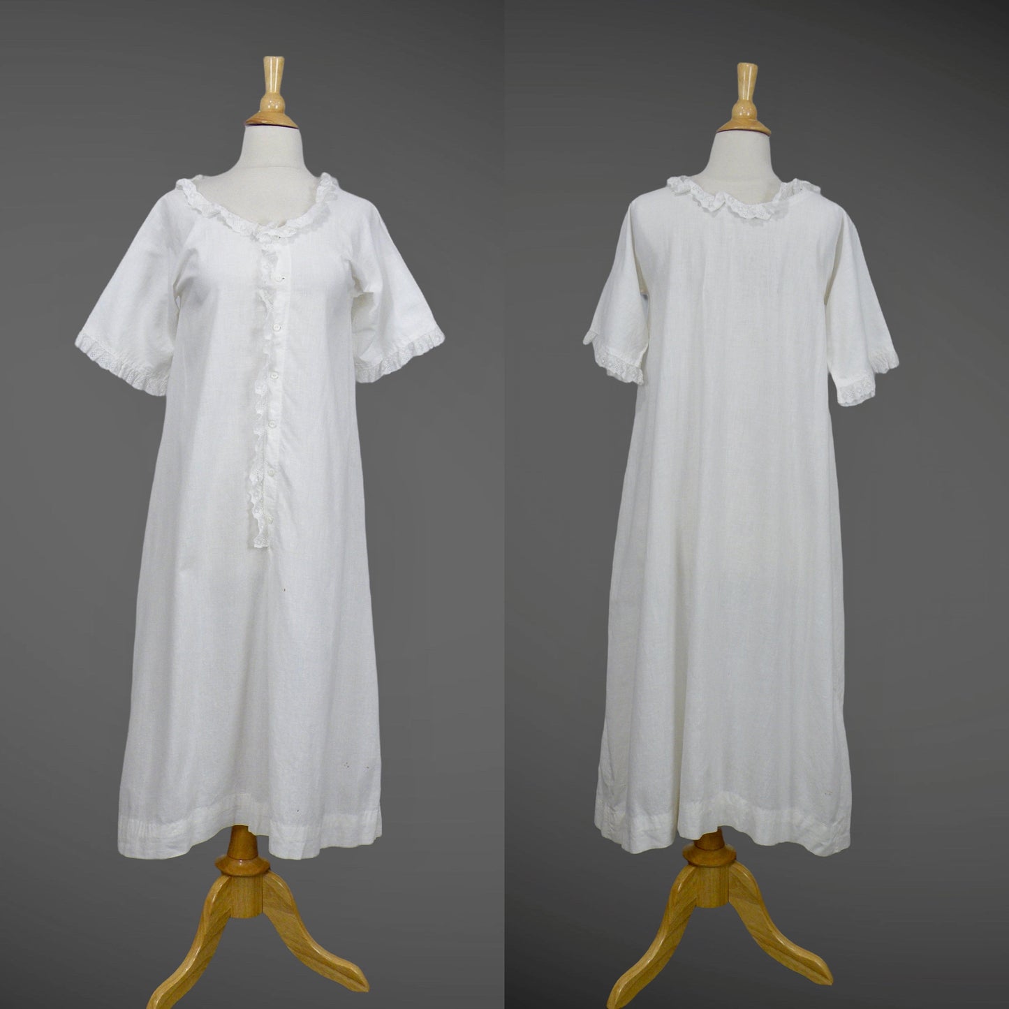 Antique 1900s Victorian Edwardian White Cotton Nightgown with Lace Trim, Small 34" Bust