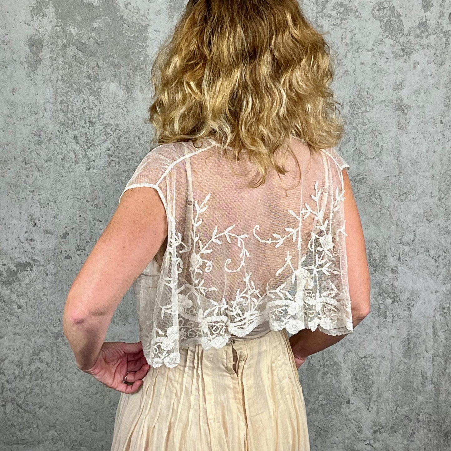 Antique 1900s Edwardian Embroidered Net Lace Top, Sheer Sleeveless Floral Bridal Layer