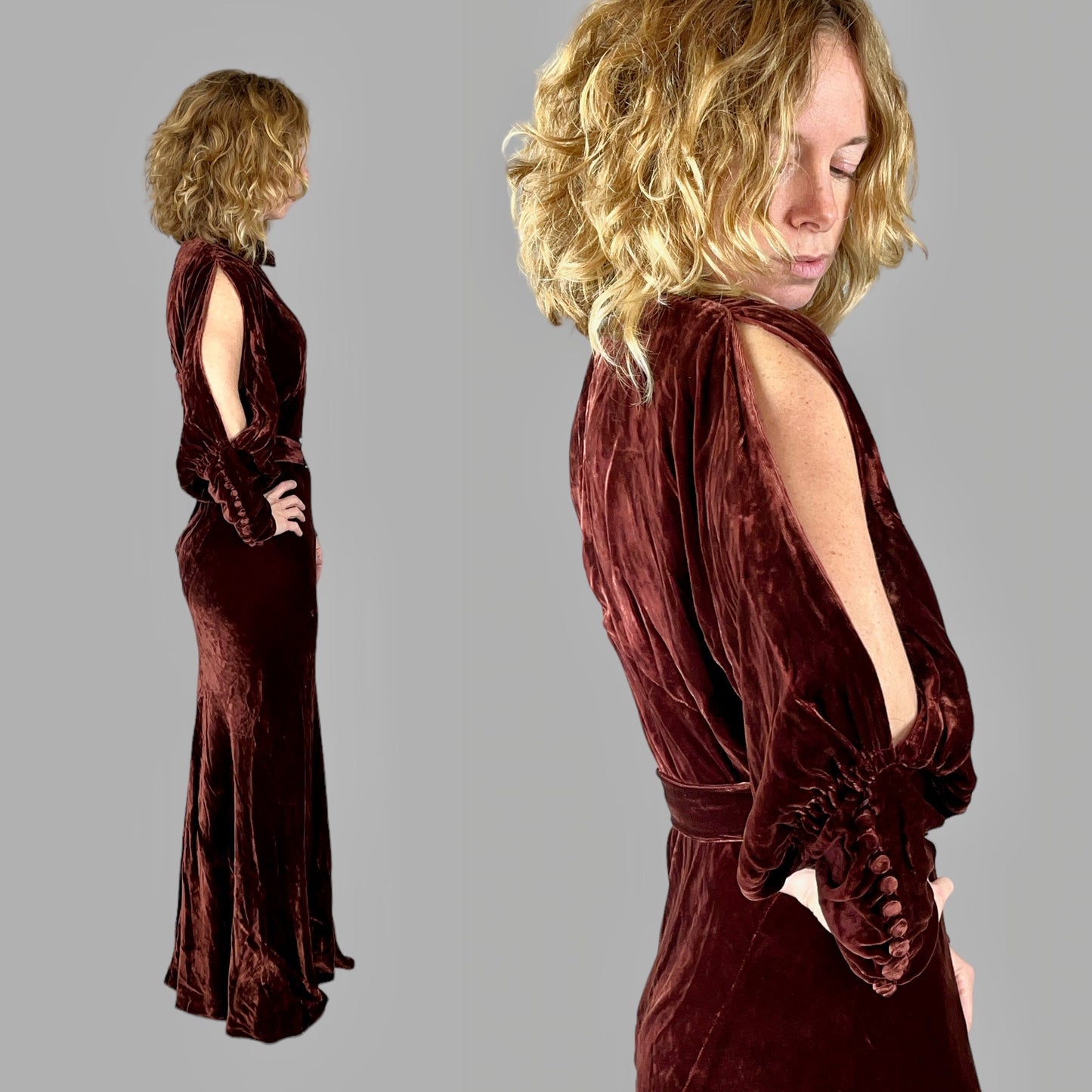 1930s Silk Velvet Dress, Vintage Copper Brown Bias Cut Gown with Cold Shoulders, NRA Label, XS–Small