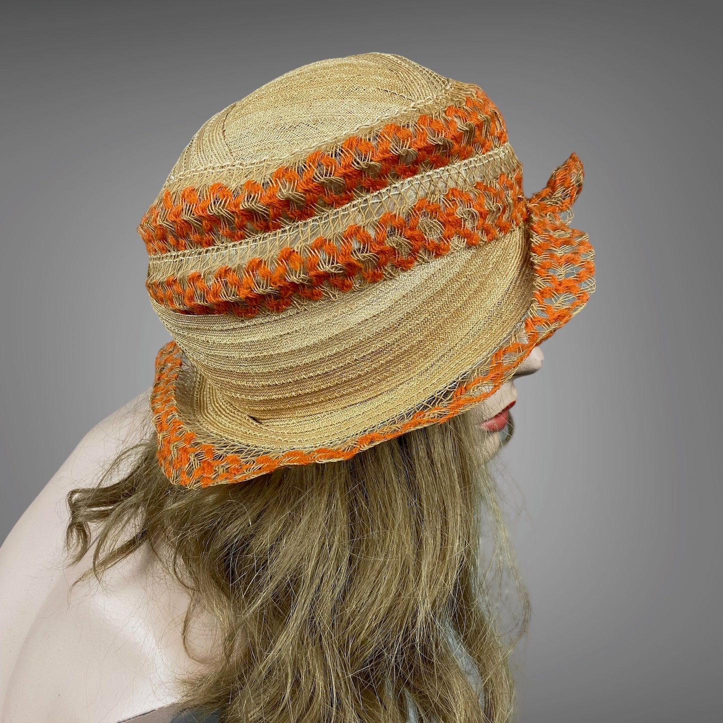 Vintage 1920s Orange Woven Straw and Horsehair Flapper Cloche Hat