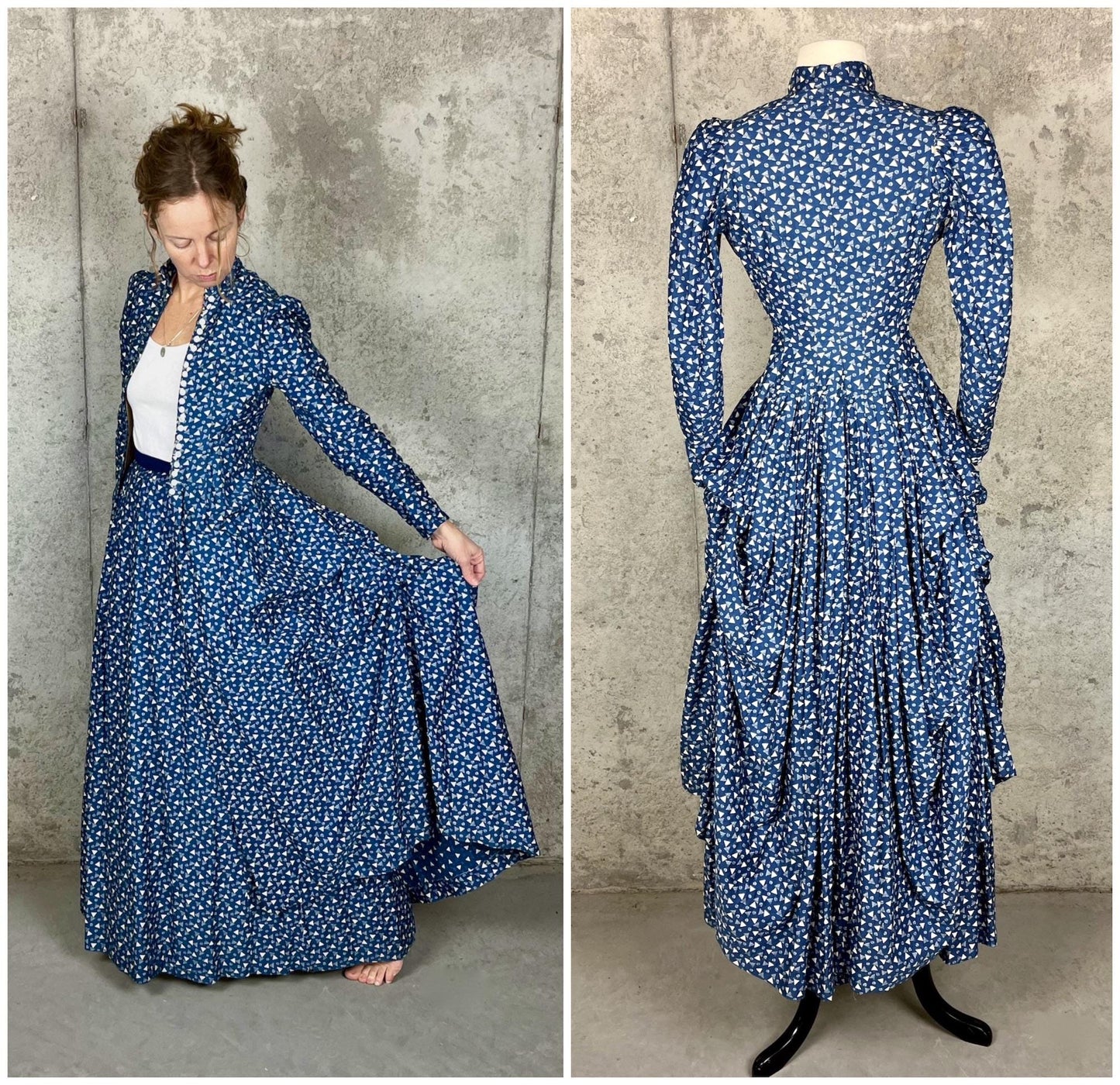 Rare Antique Victorian Polonaise Dress, 1870s–1880s Indigo Printed Cotton Two-Piece Ensemble, XXS