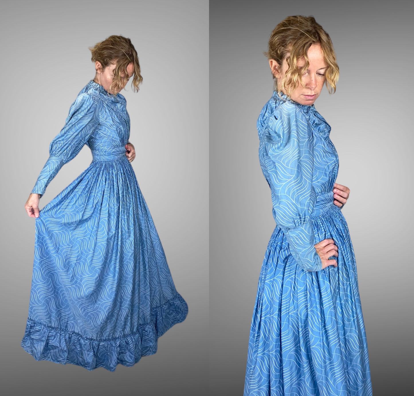 Antique 1900s Victorian Edwardian Blue & White Leaf Print Cotton Sateen Day Dress, XXS