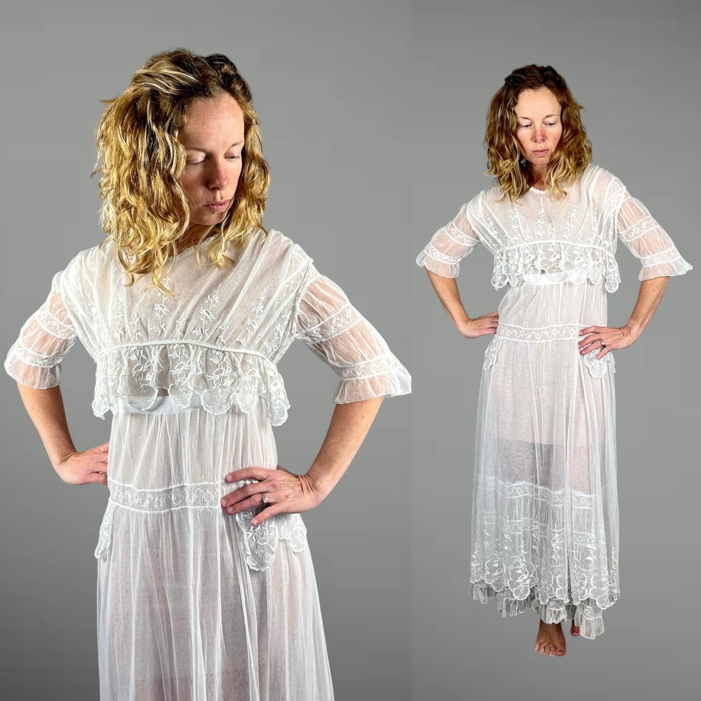 Antique Edwardian 1910s White Net Lace Embroidered Tea Gown, XS