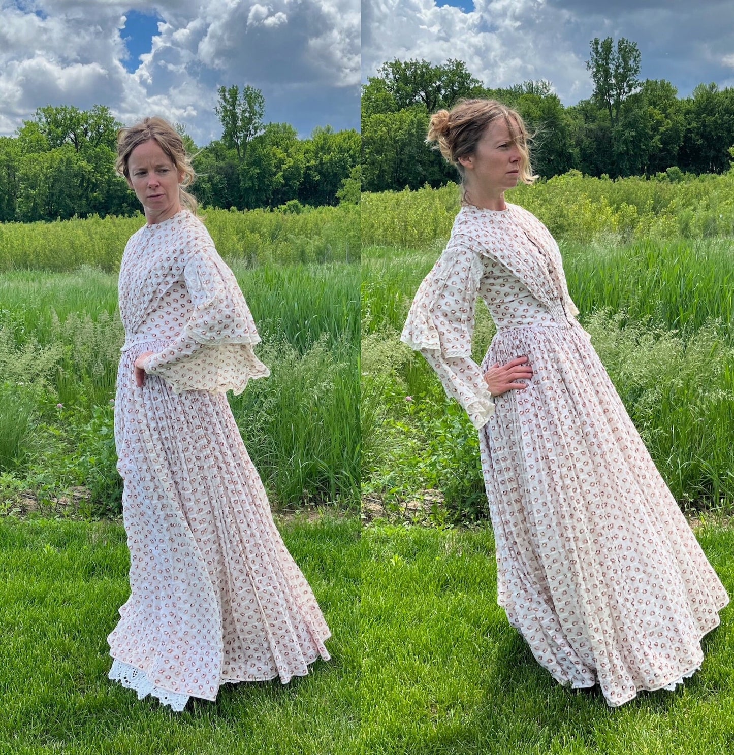 Antique 1850s Victorian Printed Rosebud Cotton Dress with Pagoda Sleeves & Fan Front, XS