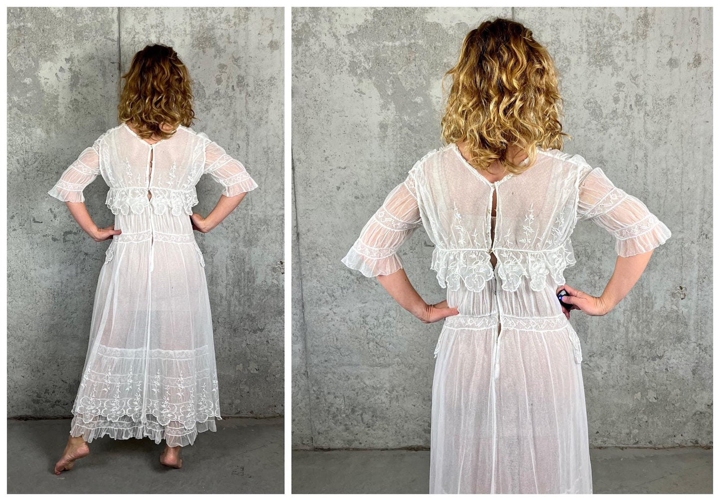 Antique Edwardian 1910s White Net Lace Embroidered Tea Gown, XS