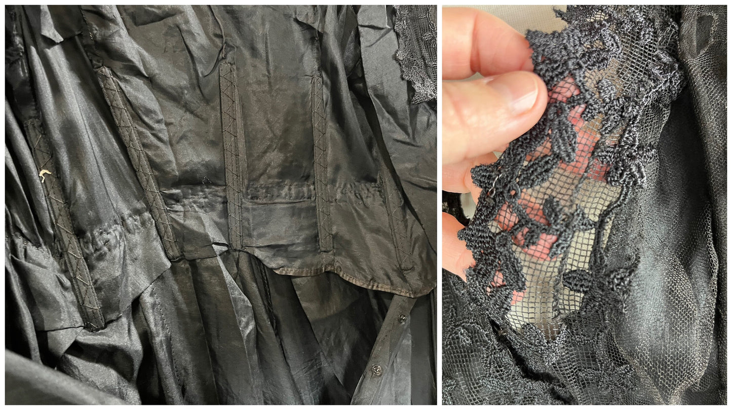 Antique Edwardian 1910s Black Silk Chiffon Embroidered Net Dress with Tiered Sleeves, Medium