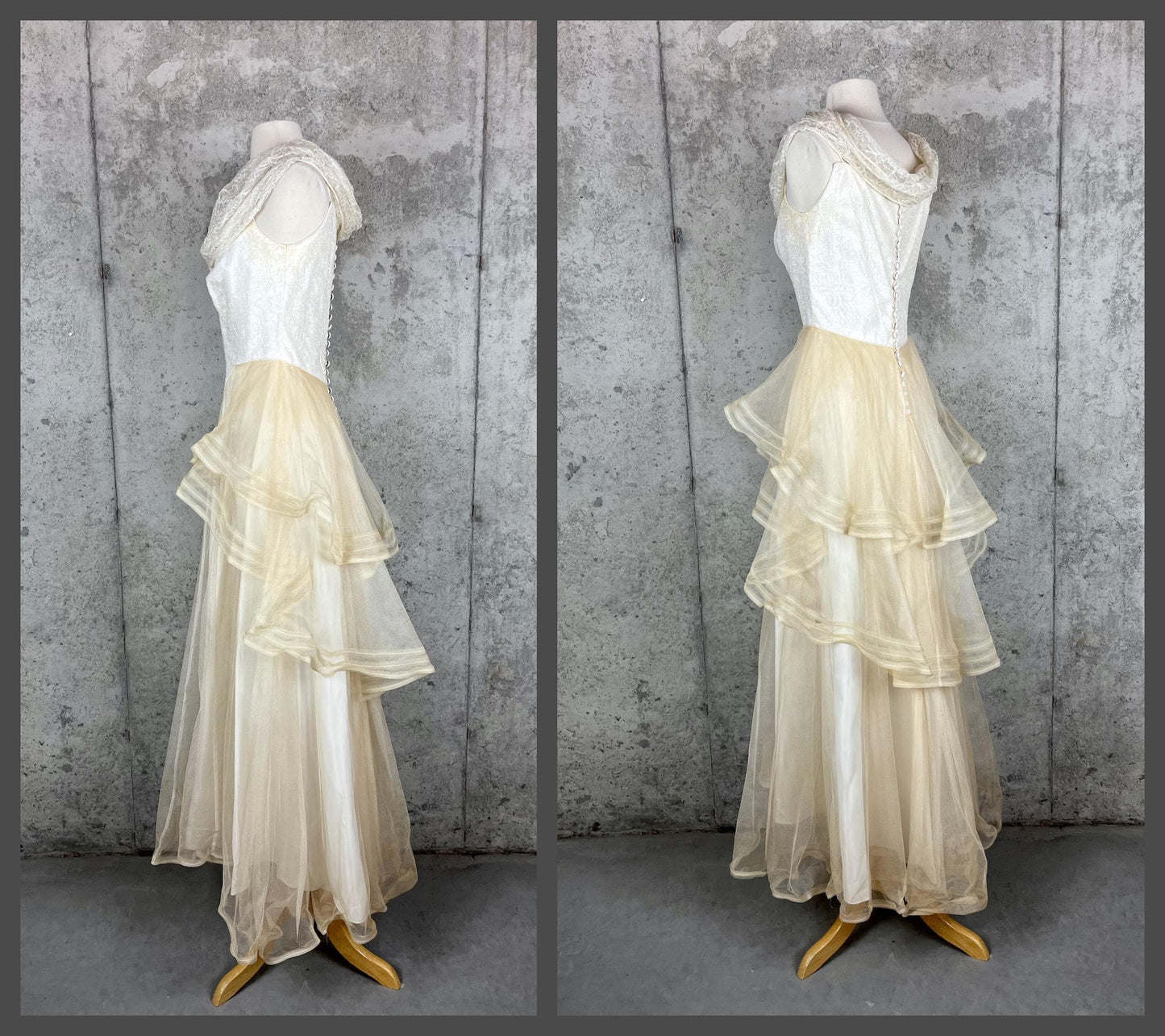 Vintage Late 1930s–1940s Wedding Dress, Satin & Net Lace Bridal Gown with Off-Shoulder Collar, Small