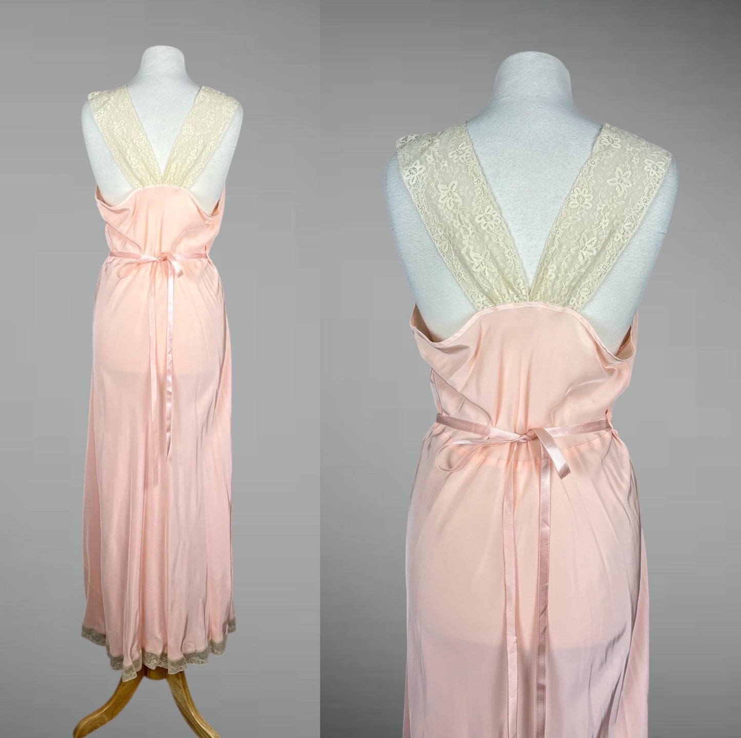 Vintage 1940s Pink Rayon Satin Nightgown, NOS Luxite Holeproof Bias-Cut Slip with Lace Bodice & Bows, M–L