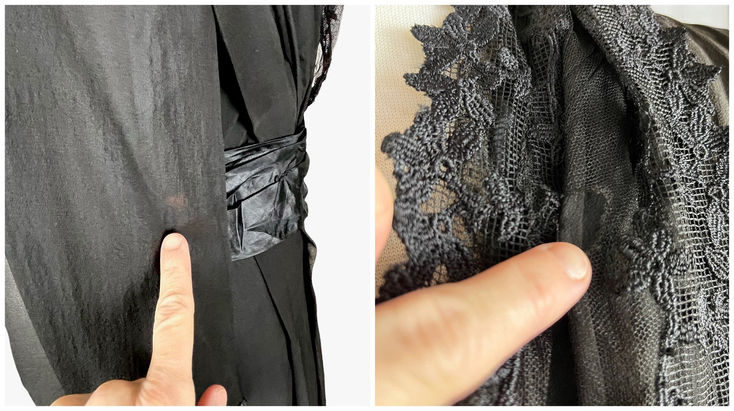 Antique Edwardian 1910s Black Silk Chiffon Embroidered Net Dress with Tiered Sleeves, Medium