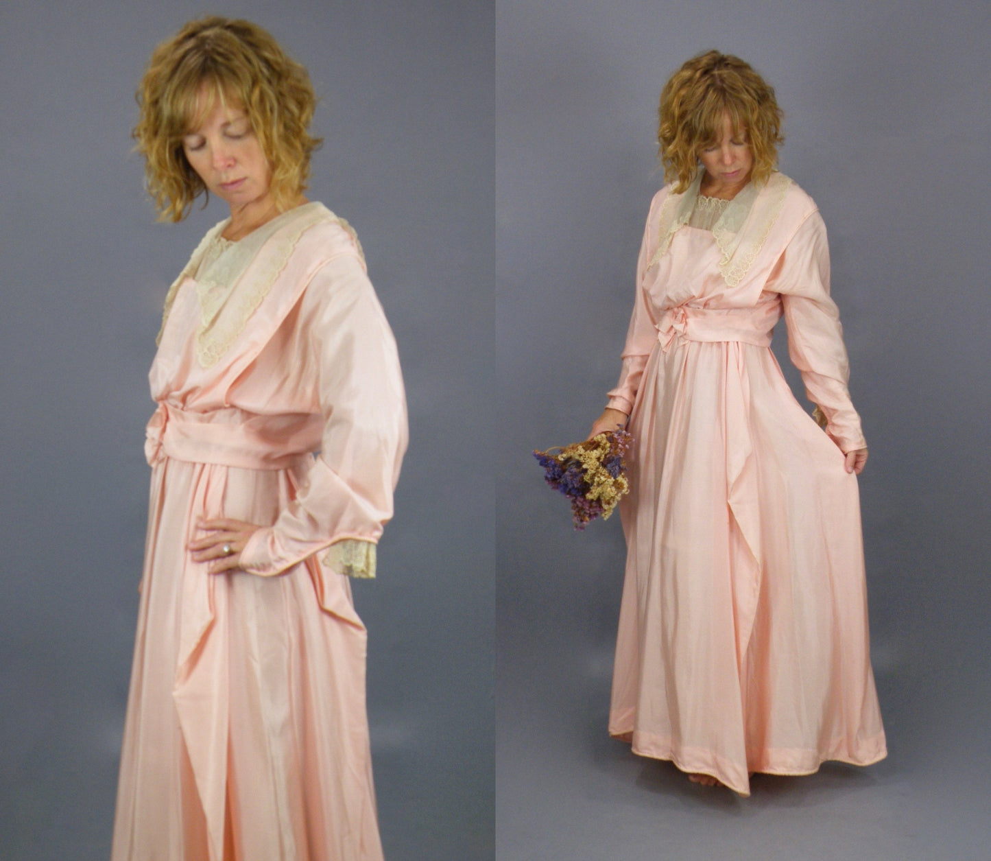 Antique Edwardian 1900s Pink Silk Dress with Lace Trim, Dagger Collar & Bishop Sleeves, XS