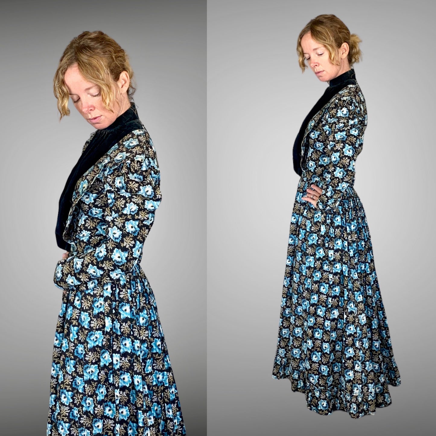 Antique 1890s–1900s Blue Floral Print Cotton Day Dress, Victorian Edwardian Gigot Sleeve Gown, XS