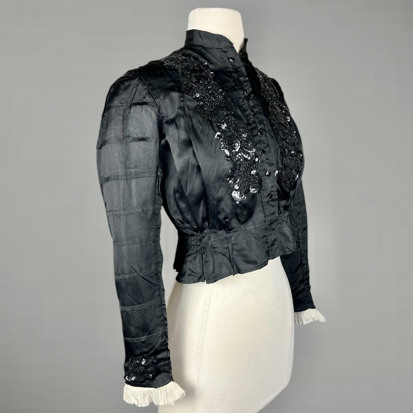 Antique Edwardian 1900s Beaded & Sequined Black Silk Blouse, XS–S
