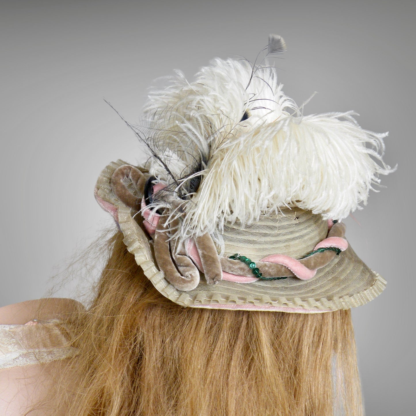 Vintage 1940s Ostrich Feather Fascinator Hat with Sequins & Velvet Trim, 40s Mini Perch Hat