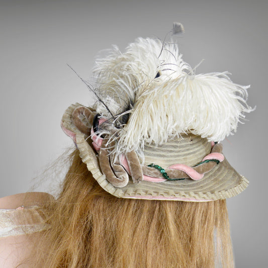 Vintage 1940s Ostrich Feather Fascinator Hat with Sequins & Velvet Trim, 40s Mini Perch Hat