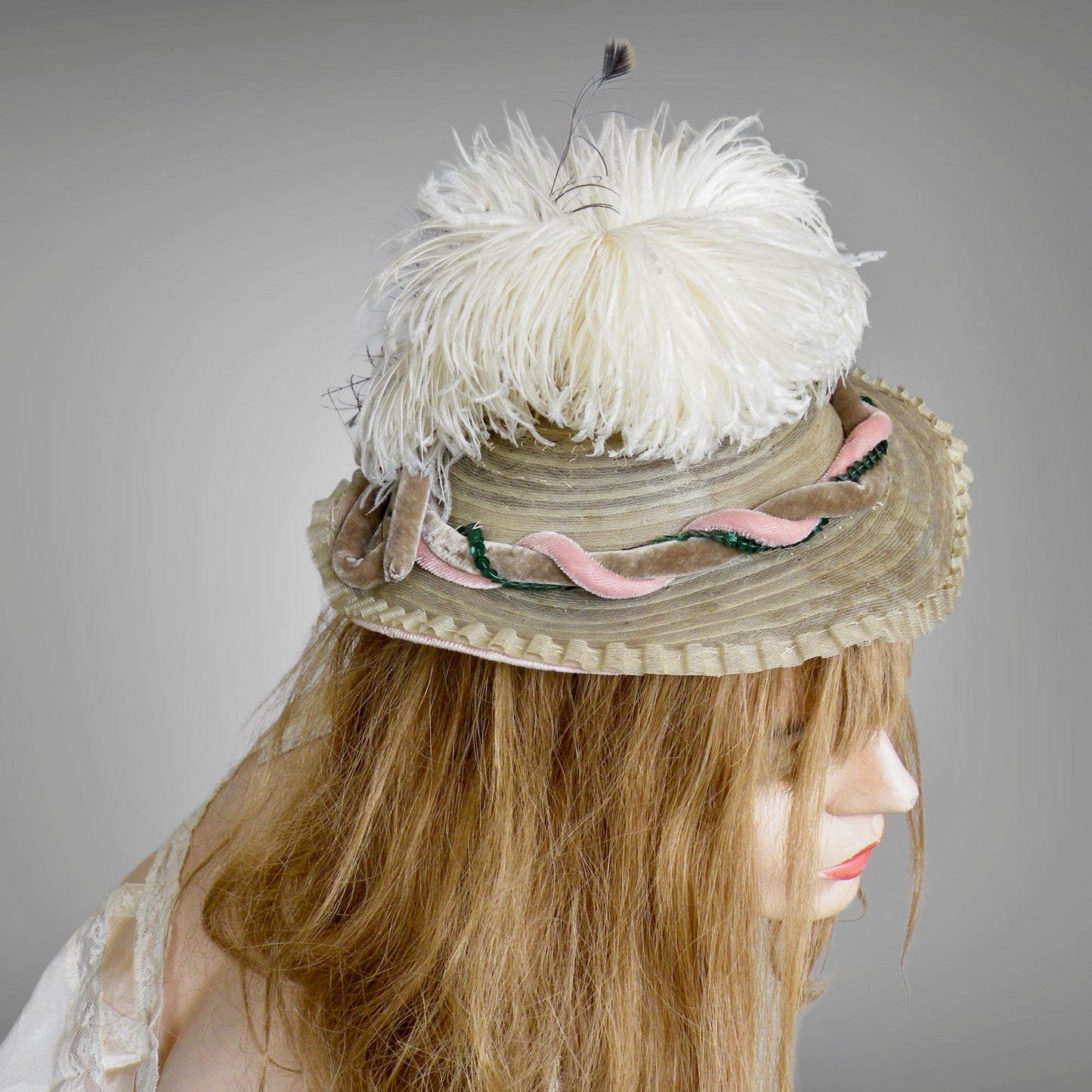 Vintage 1940s Ostrich Feather Fascinator Hat with Sequins & Velvet Trim, 40s Mini Perch Hat