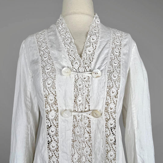 Antique 1900s Edwardian White Linen Insertion Lace Jacket, S - M