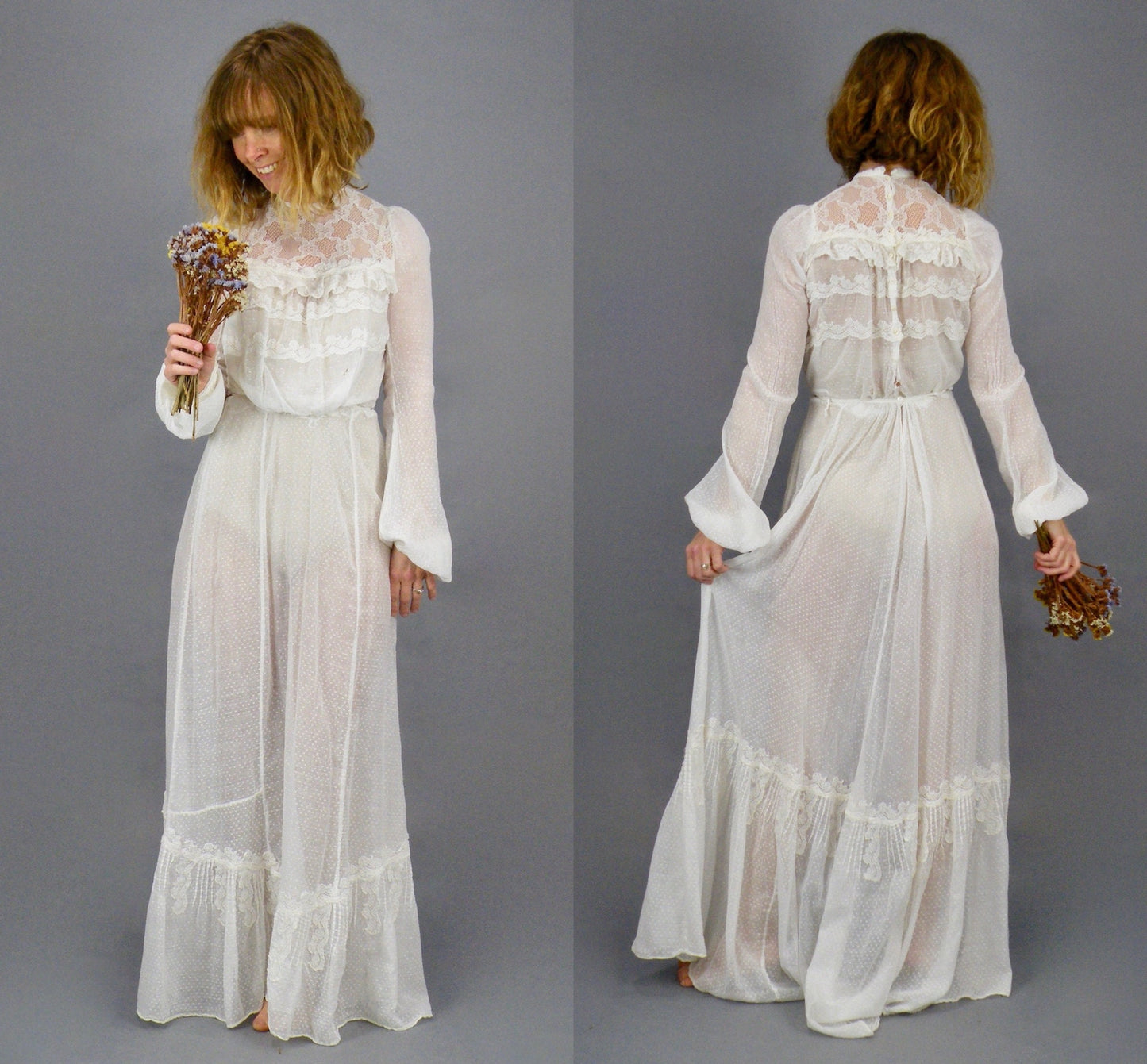 Antique Edwardian 1900s Gibson Girl White Cotton Swiss Dot Lace Dress, 2-Piece, XXS - XS