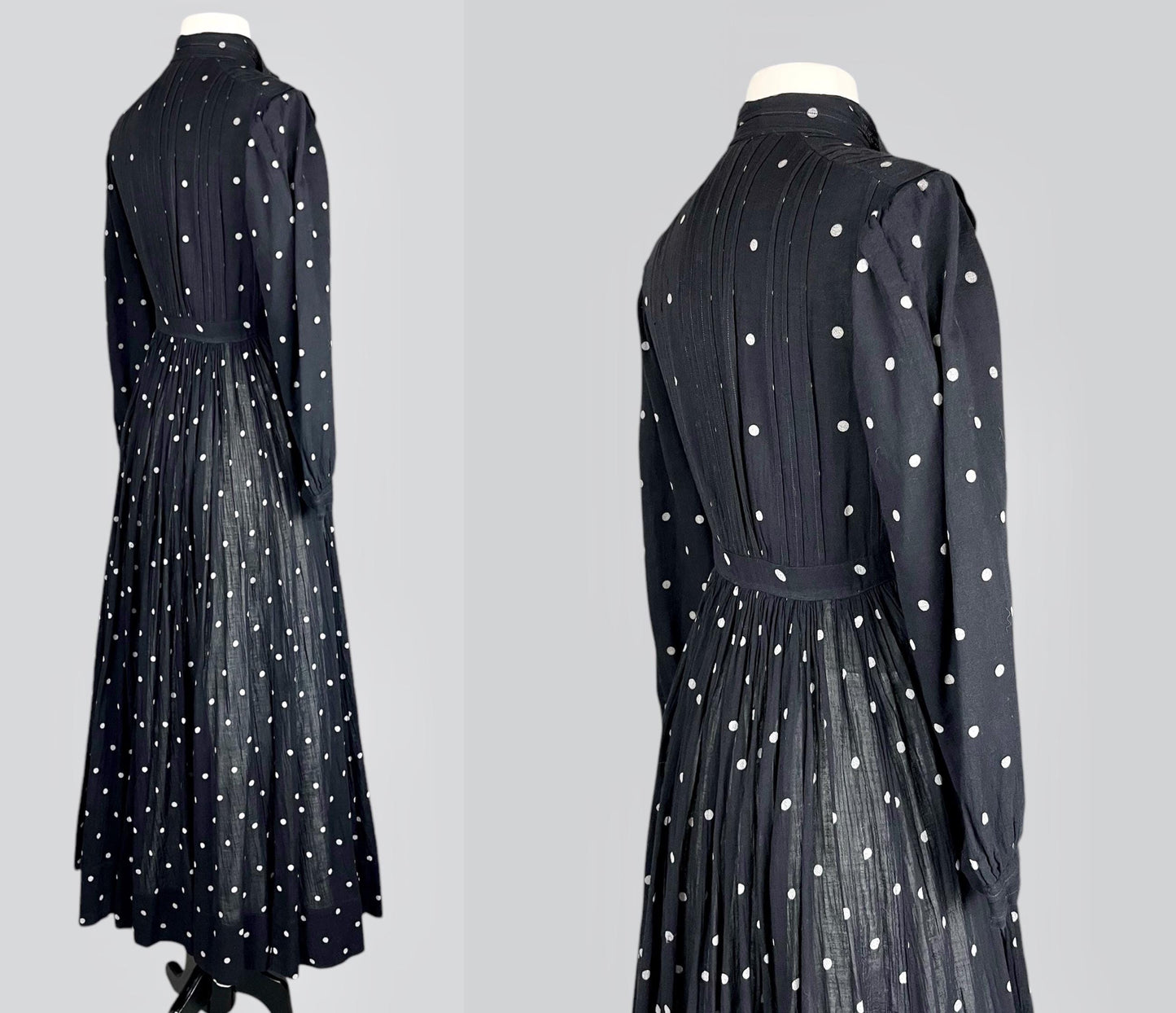 Antique Edwardian 1900s–1910s Black & White Polka Dot Cotton Gauze Dress, XS