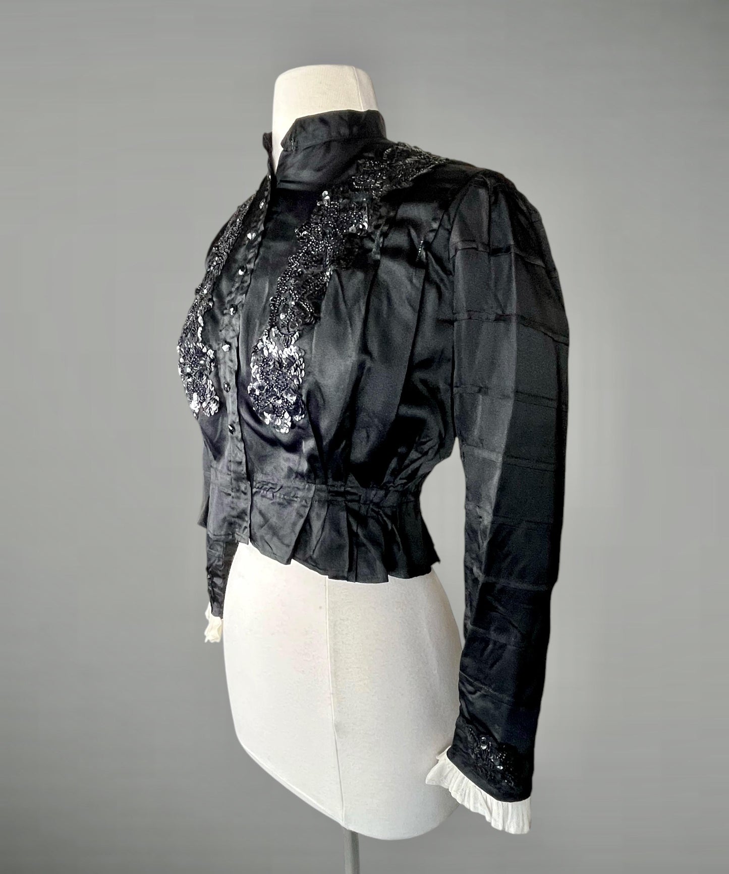 Antique Edwardian 1900s Beaded & Sequined Black Silk Blouse, XS–S