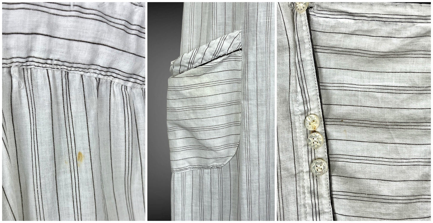 Antique 1910s Gray Striped Cotton Work Dress, Large