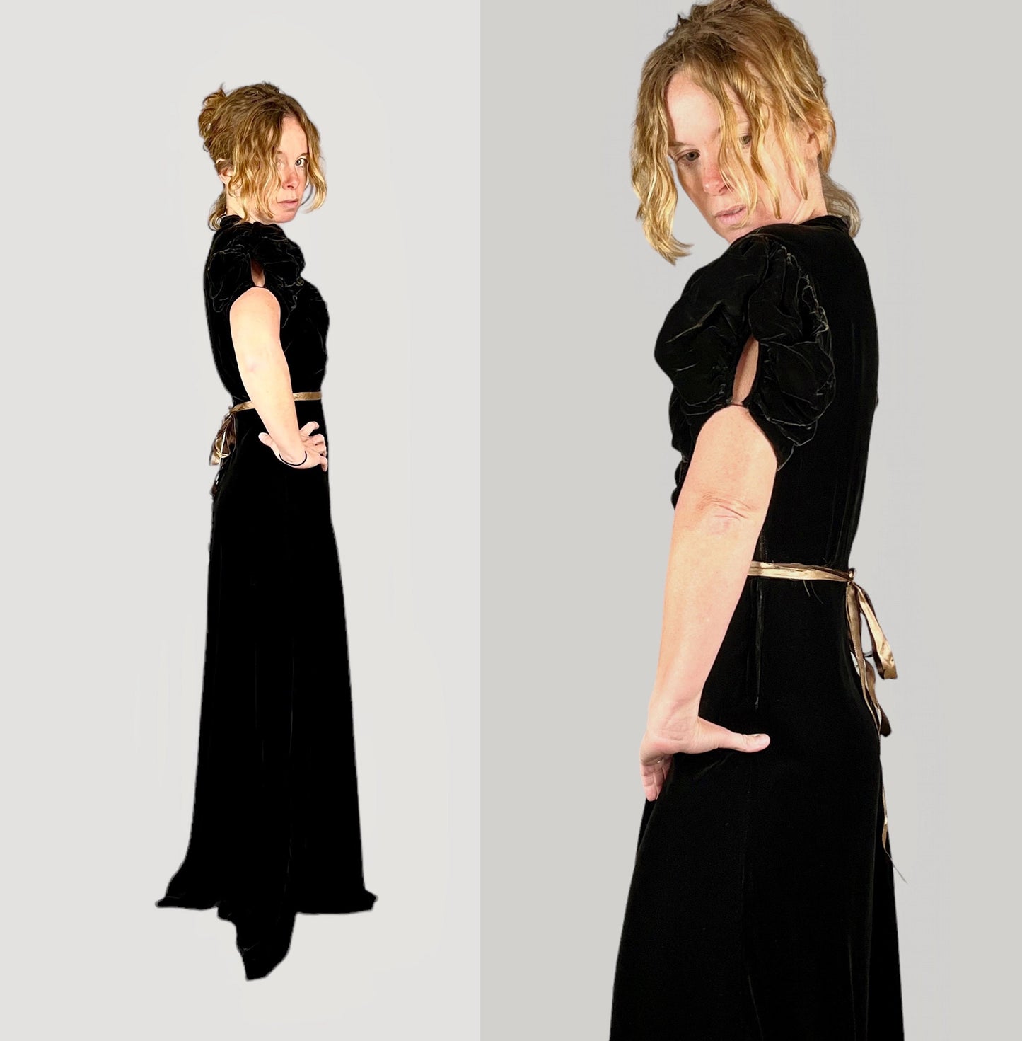 Vintage 1930s Dark Bronze Puffed Sleeve Silk Velvet Evening Dress, Small