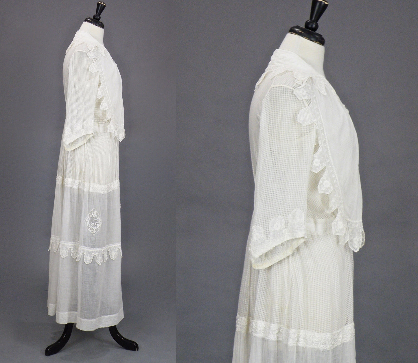 Antique Edwardian 1910s Sheer White Cotton Lingerie Dress with Embroidery, Medium 28" Waist
