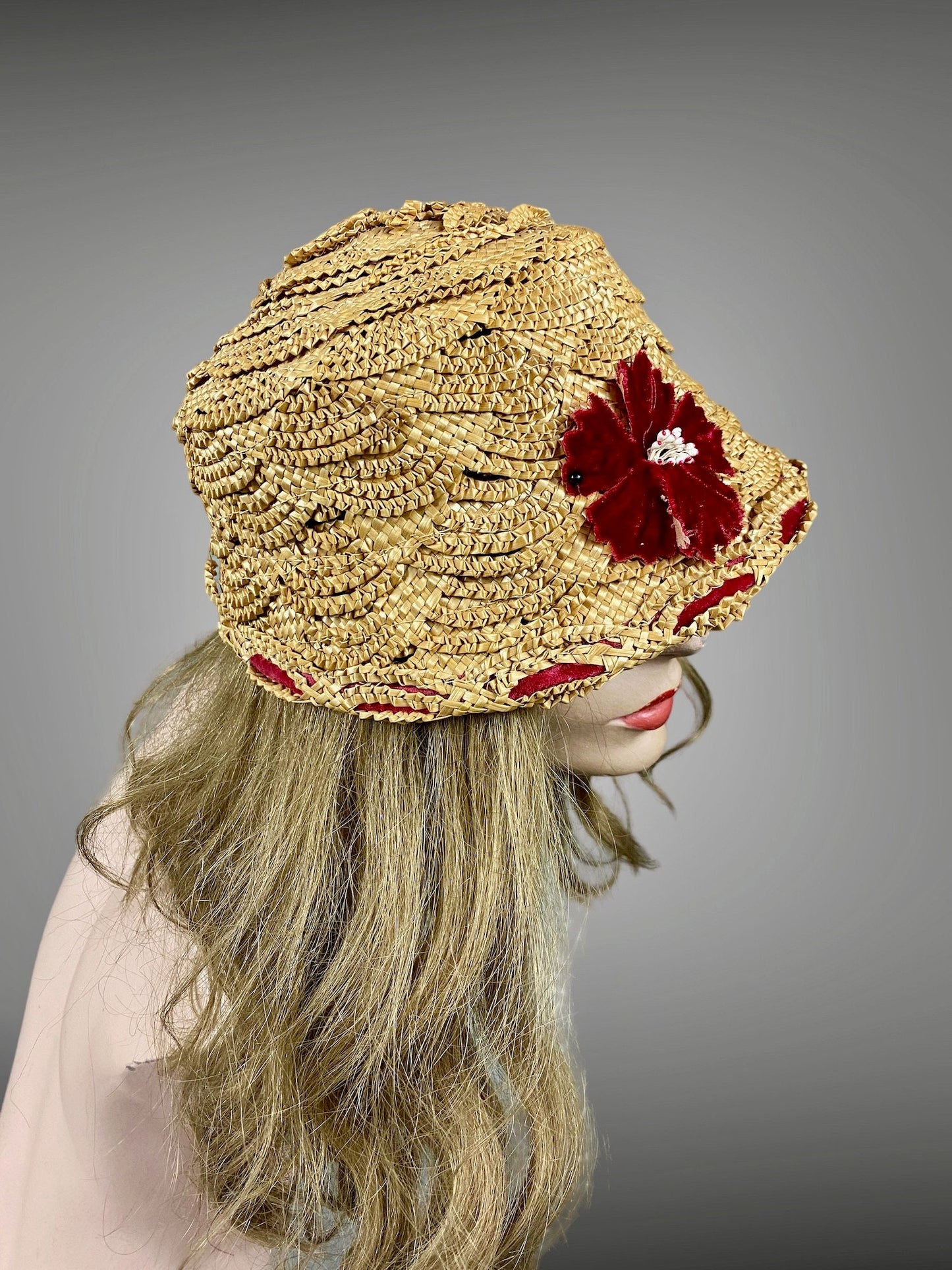 Vintage 1930s Straw Cloche Bucket Hat with Red Velvet Trim
