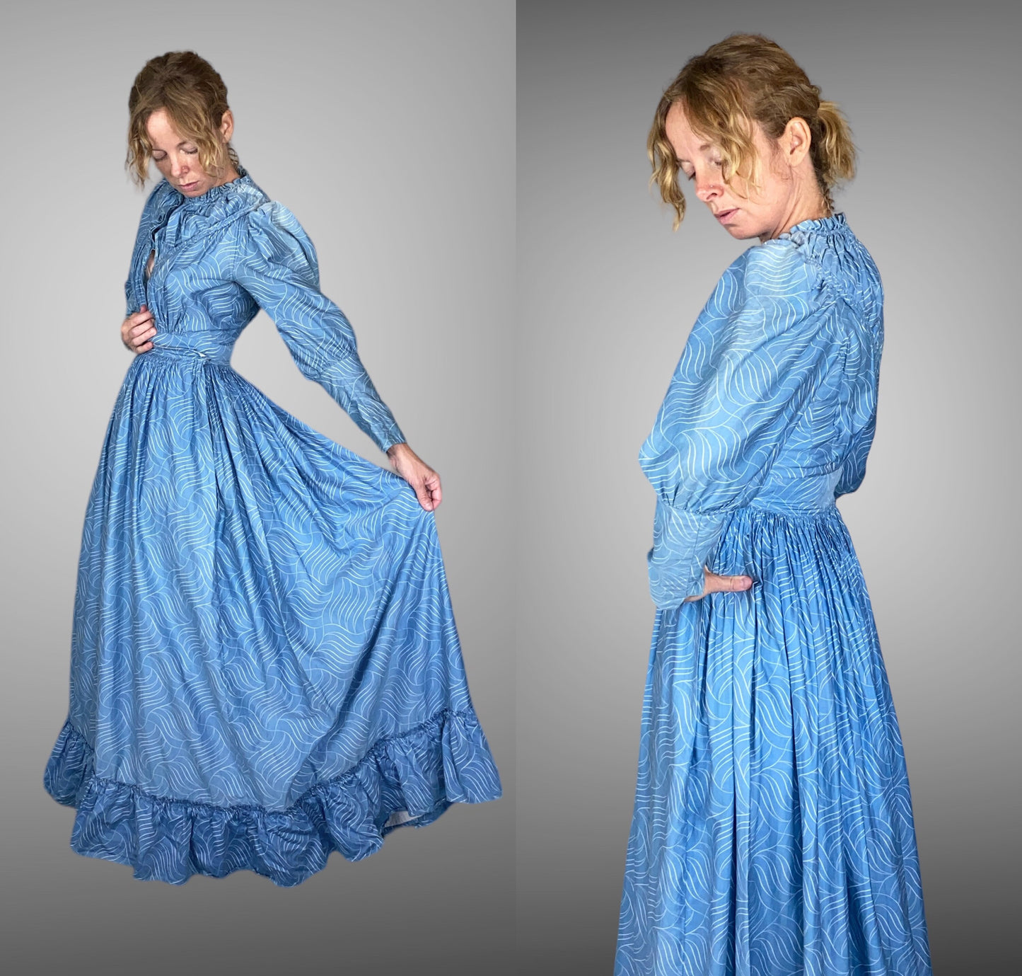 Antique 1900s Victorian Edwardian Blue & White Leaf Print Cotton Sateen Day Dress, XXS