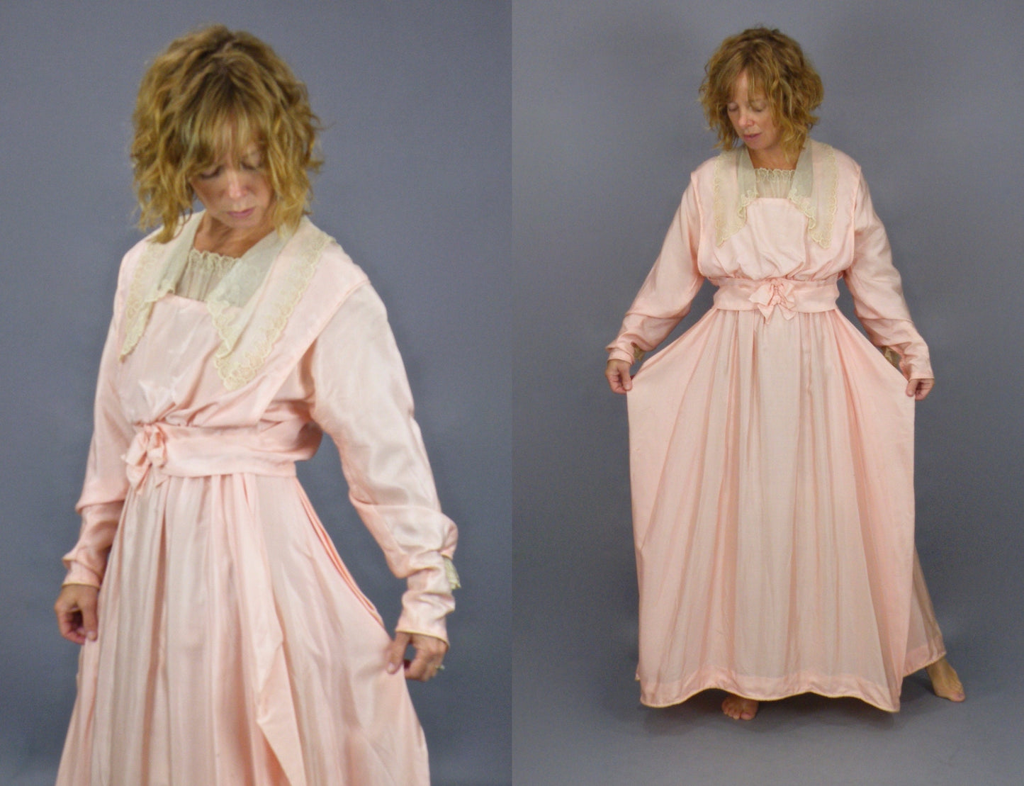 Antique Edwardian 1900s Pink Silk Dress with Lace Trim, Dagger Collar & Bishop Sleeves, XS