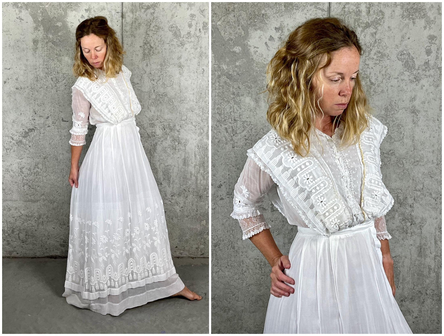 Edwardian 1900s White Cotton Gauze Lingerie Dress with Floral Net & Mother-of-Pearl Buttons, XS