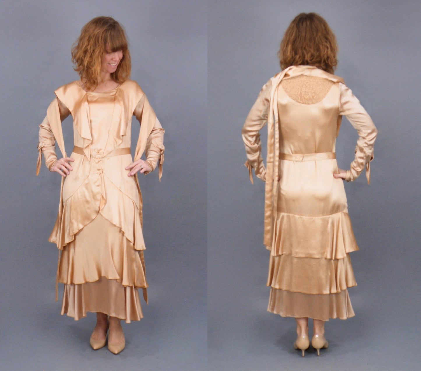 Vintage Late 1920s–Early 1930s Rose Gold Satin & Lace Tiered Evening Dress with Bow-Tie Sleeves, XS
