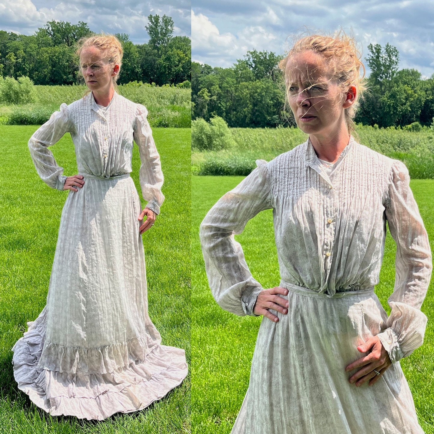 Antique Edwardian 1900s Printed Cotton Gibson Girl Dress, Tiered Skirt & Blouse Set, Small