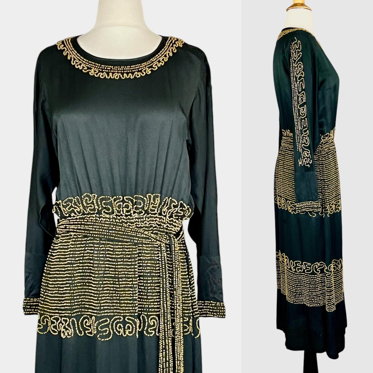 Vintage 1920s Black Silk Gold Beaded Dress with Belt, Art Deco 20s, S/M–M